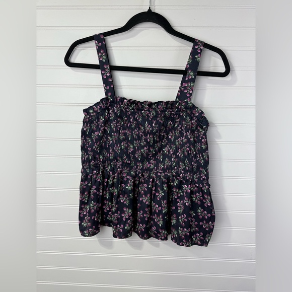 J.Crew women’s navy Twilight Berry satin smocked peplum tank top. Size XL. NWT. - Picture 1 of 8